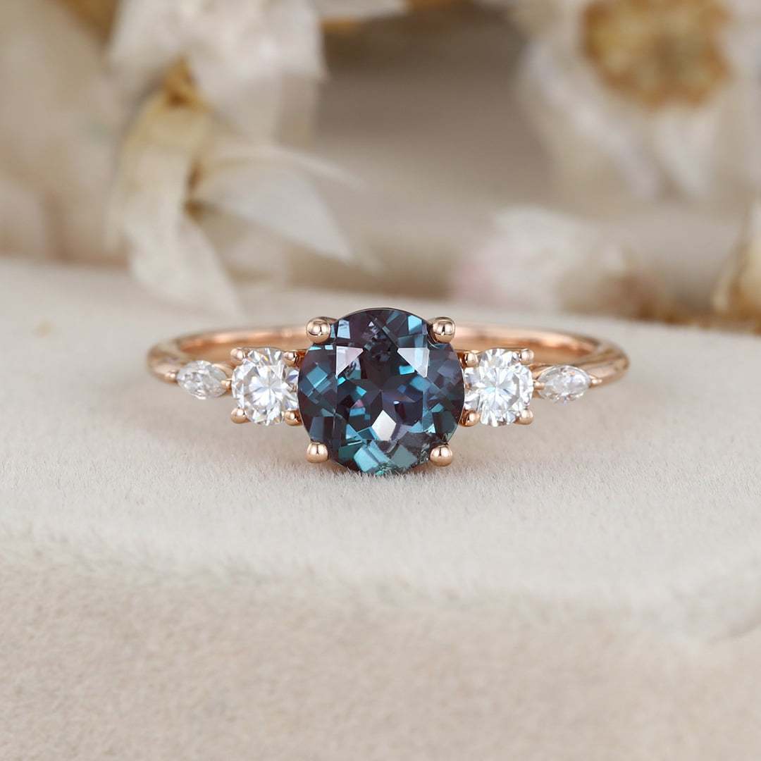 Round Cut Alexandrite Engagement Ring Side Stones Moissanite In 14K Rose Gold
