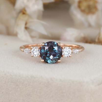 Round Cut Alexandrite Engagement Ring Side Stones Moissanite In 14K Rose Gold