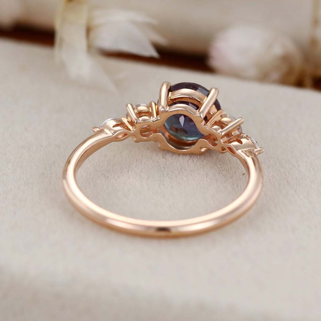 Round Cut Alexandrite Engagement Ring Side Stones Moissanite In 14K Rose Gold