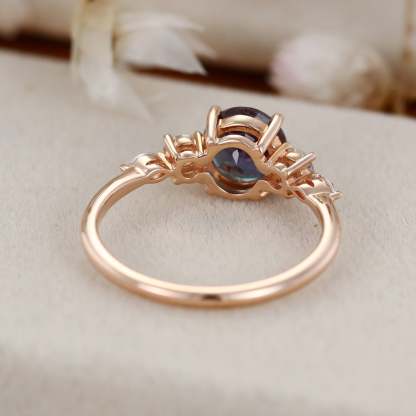 Round Cut Alexandrite Engagement Ring Side Stones Moissanite In 14K Rose Gold
