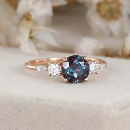 Round Cut Alexandrite Engagement Ring Side Stones Moissanite In 14K Rose Gold