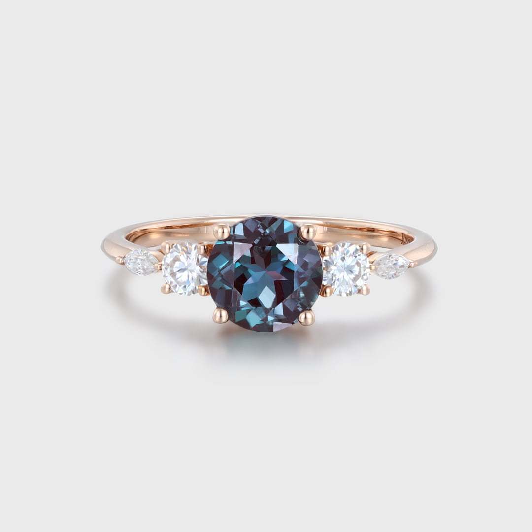Round Cut Alexandrite Engagement Ring Side Stones Round Moissanite In 14K Rose Gold