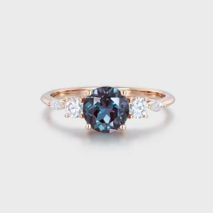 Round Cut Alexandrite Engagement Ring Side Stones Round Moissanite In 14K Rose Gold