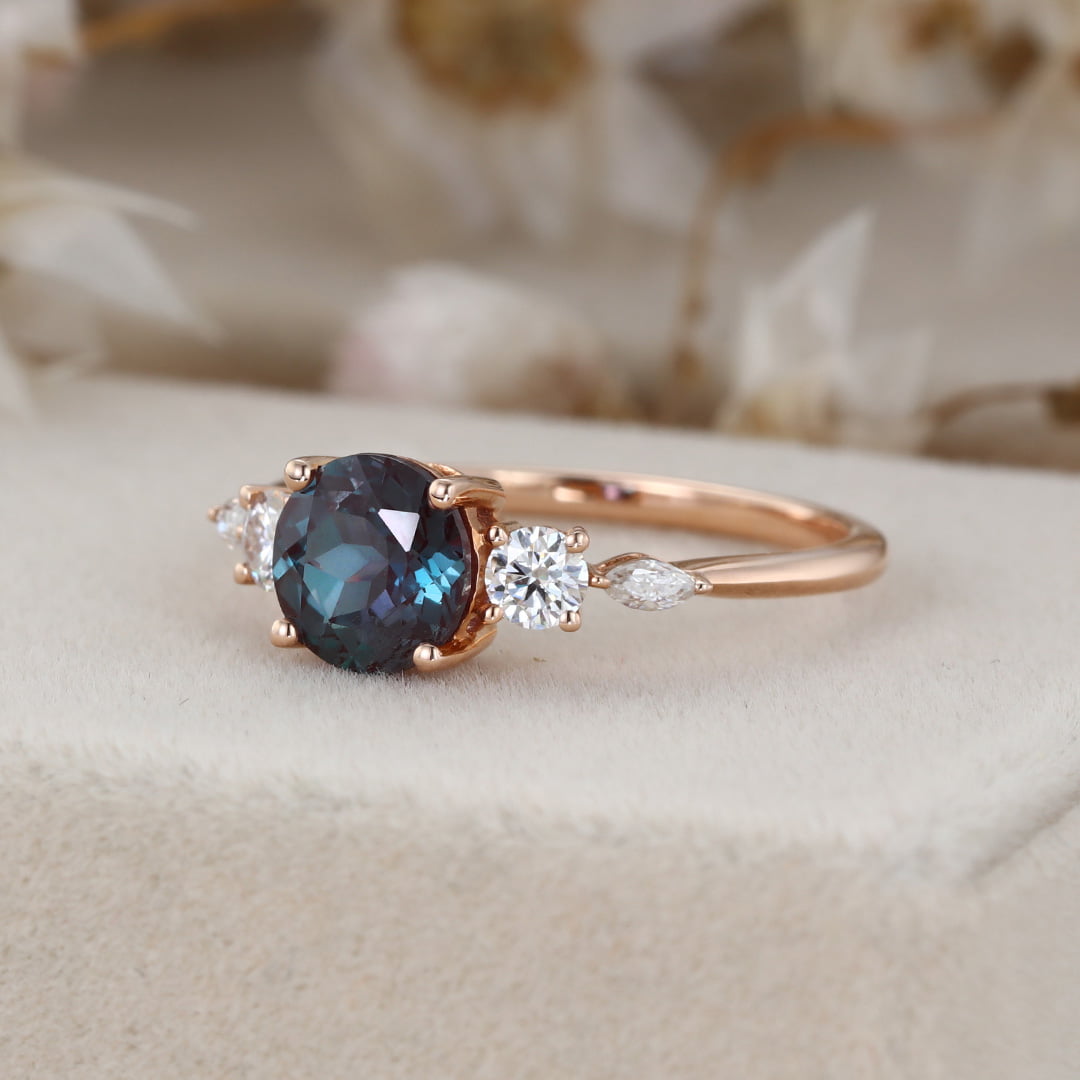Round Cut Alexandrite Engagement Ring Side Stones Moissanite In 14K Rose Gold