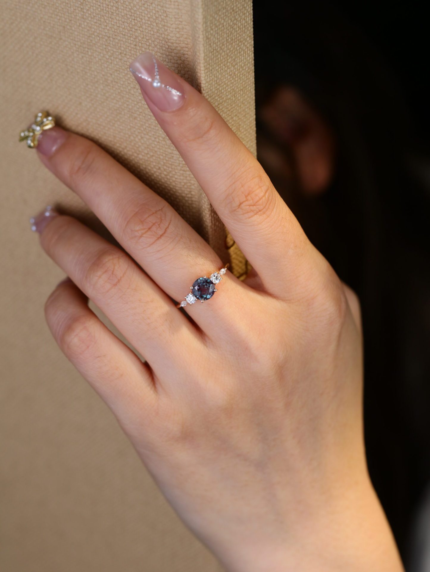 Round Cut Alexandrite Engagement Ring Side Stones Moissanite In 14K Rose Gold