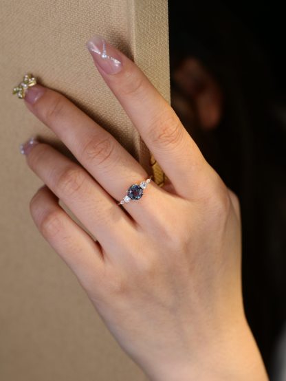Round Cut Alexandrite Engagement Ring Side Stones Moissanite In 14K Rose Gold