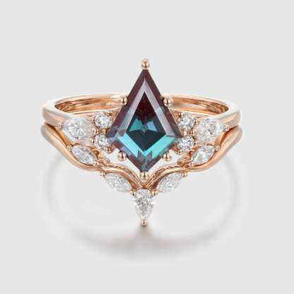 Kite Cut Alexandrte engagement Ring Set Rose gold Marquise Moissanite Wedding Band ring Wedding promise Anniversary gift for her