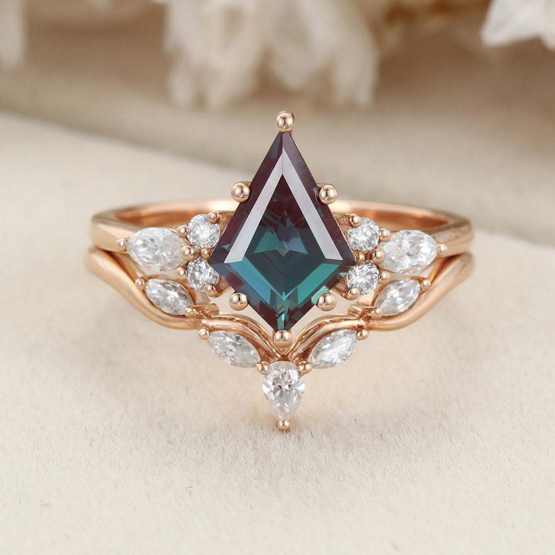 Kite Cut Alexandrte engagement Ring Set Rose gold Marquise Moissanite Wedding Band ring Wedding promise Anniversary gift for her