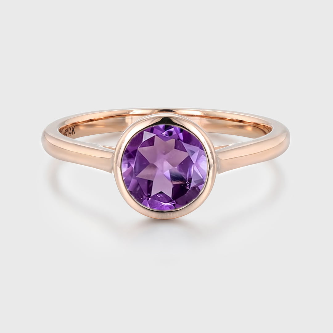 6.5mmRound Cut Amethyst Bezel Ring 14K Rose Gold Engagement Solitaire Ring February Birthstone