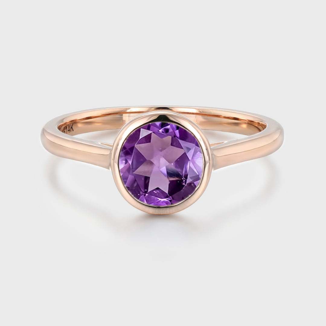 6.5mmRound Cut Amethyst Bezel Ring 14K Rose Gold Engagement Solitaire Ring February Birthstone