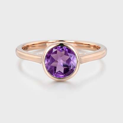 6.5mmRound Cut Amethyst Bezel Ring 14K Rose Gold Engagement Solitaire Ring February Birthstone