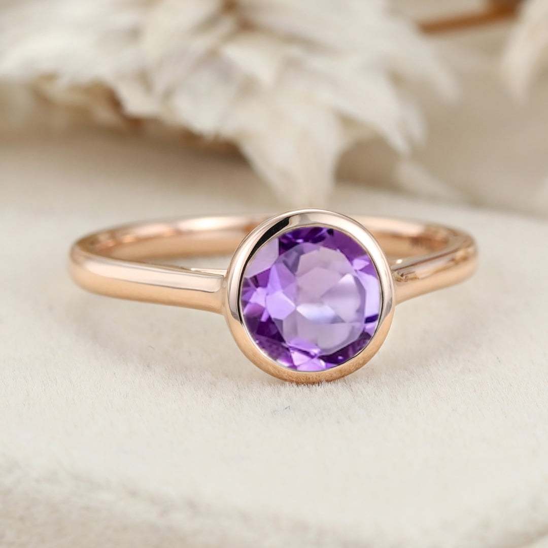 6.5mm Amethyst Engagement Ring Round Rose Gold Bezel Amethyst Ring Solitaire Ring February Birthstone