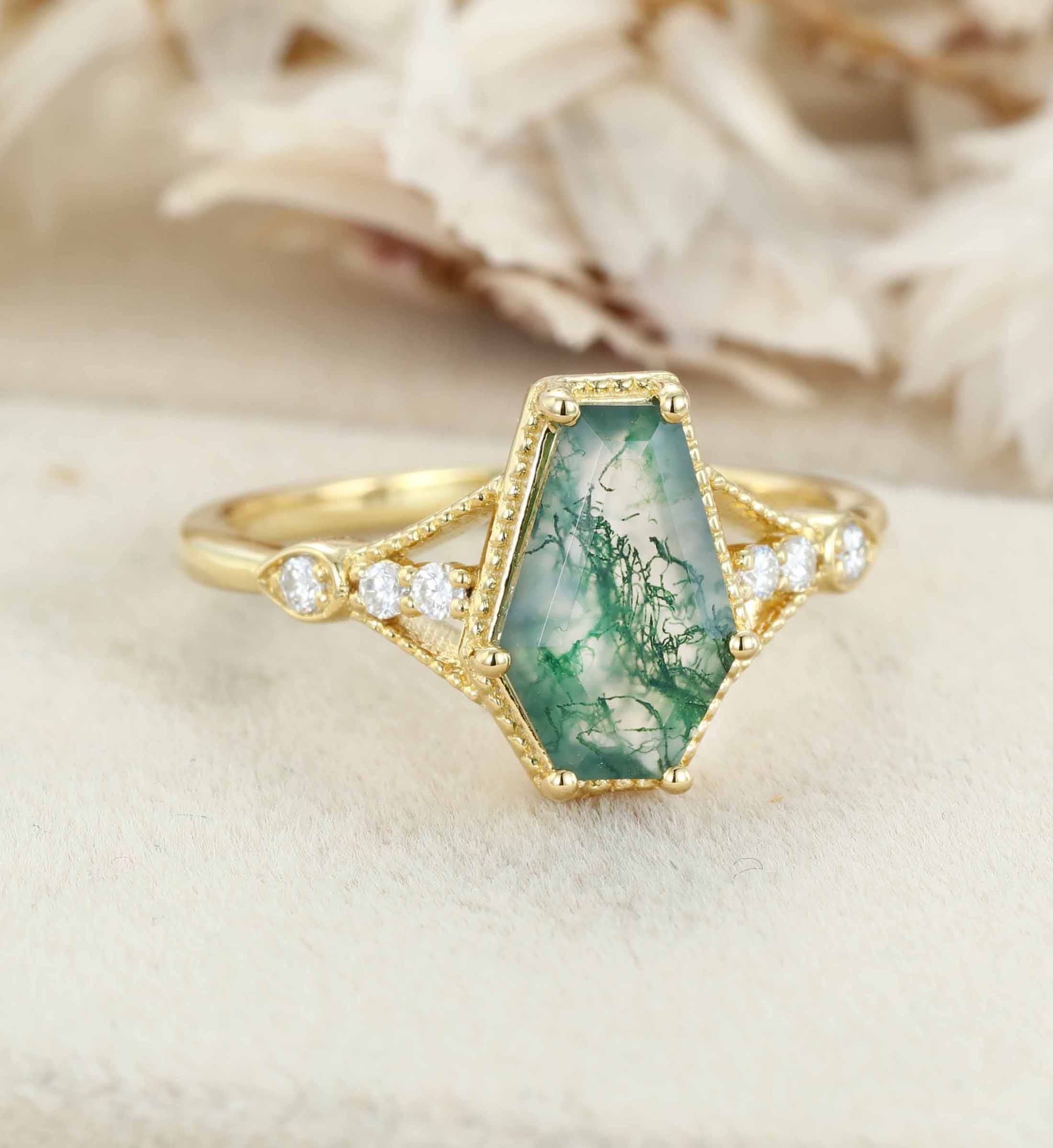 Antique Coffin Shaped Moss Agate Engagement Ring Art Deco Moss Agate Wedding Ring 14k Yellow Gold Moss Agate Bridal Ring For Women