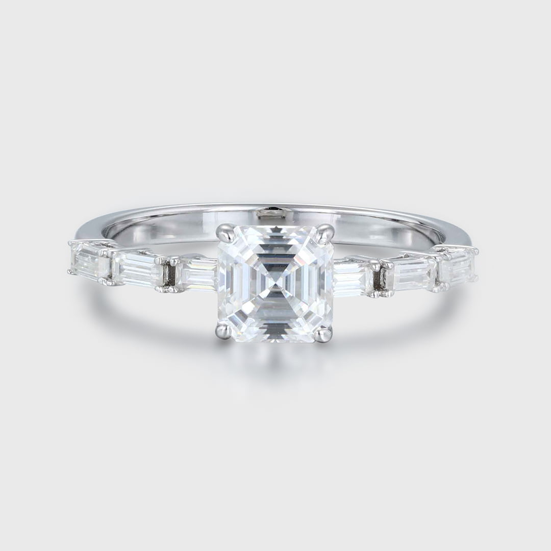 Art Deco 5.0mm Asscher Cut Moissanite Engagement Ring In 14k White Gold