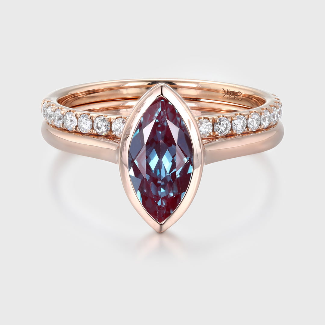 Solitaire Bezel 10x5mm Marquise Cut Lab Grown Alexandrite Bridal Ring Set