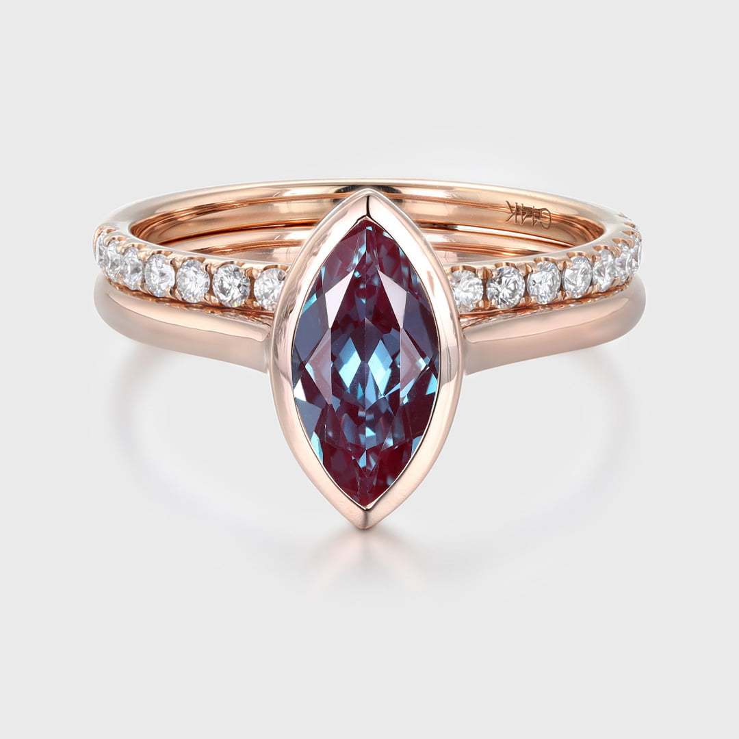Solitaire Bezel 10x5mm Marquise Cut Lab Grown Alexandrite Bridal Ring Set