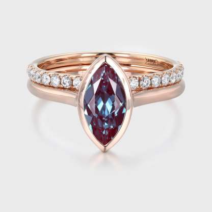 Solitaire Bezel 10x5mm Marquise Cut Lab Grown Alexandrite Bridal Ring Set