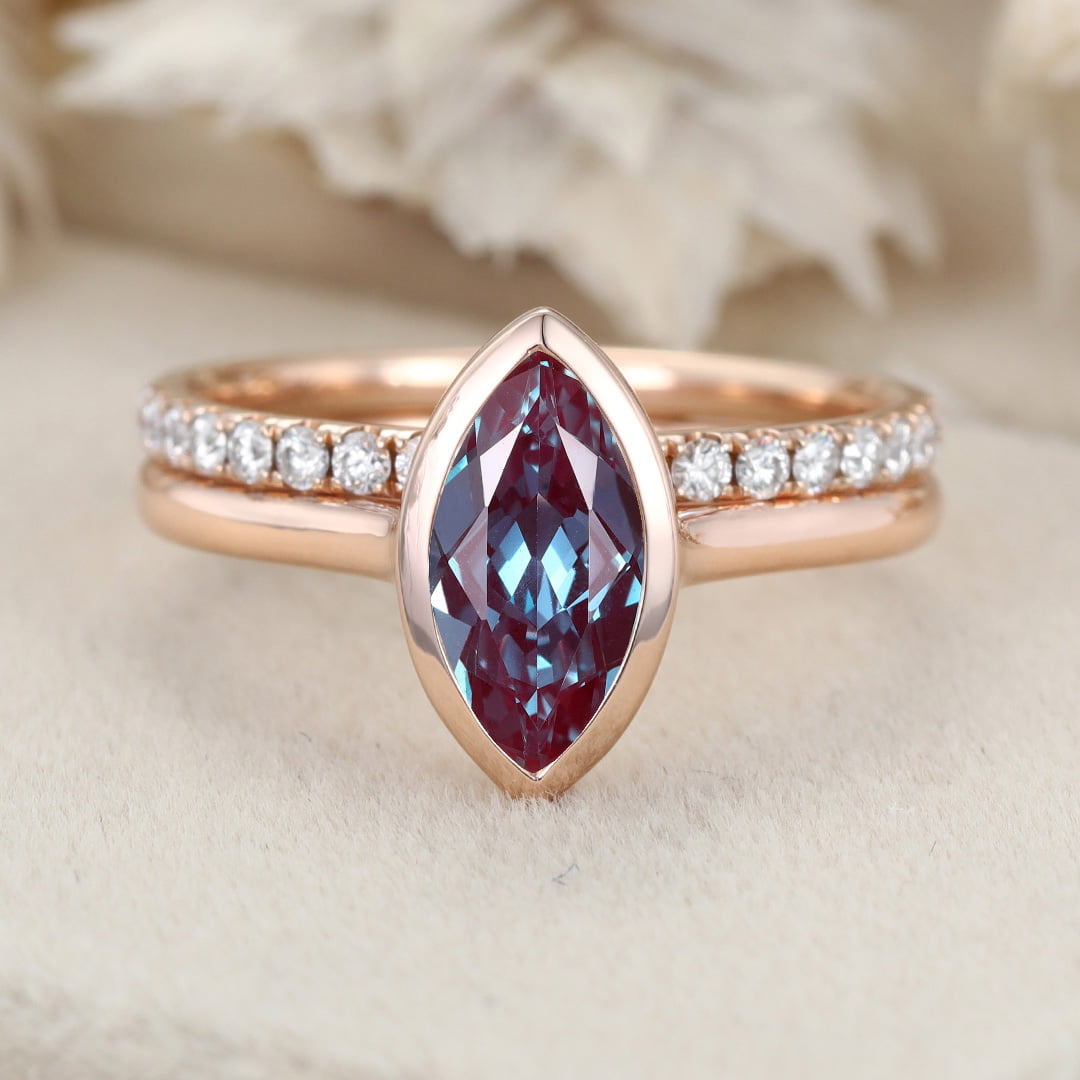 Art Deco Bridal Ring Set Solitaire 1.0CT Marquise Cut Alexandrite Engagement Ring Set Half Eternity Diamond Wedding Bands