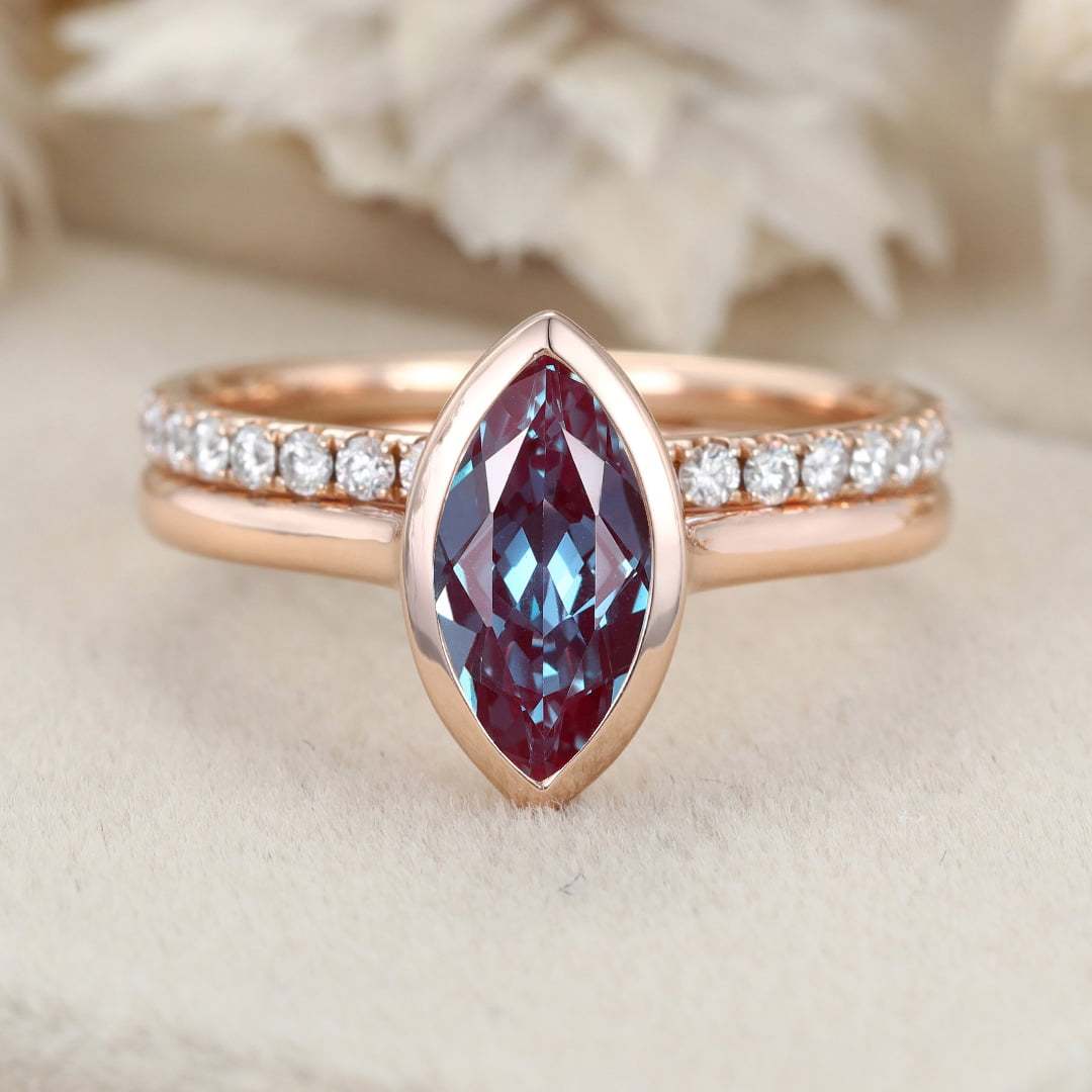 Art Deco Bridal Ring Set Solitaire 1.0CT Marquise Cut Alexandrite Engagement Ring Set Half Eternity Diamond Wedding Bands