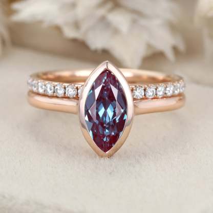 Art Deco Bridal Ring Set Solitaire 1.0CT Marquise Cut Alexandrite Engagement Ring Set Half Eternity Diamond Wedding Bands