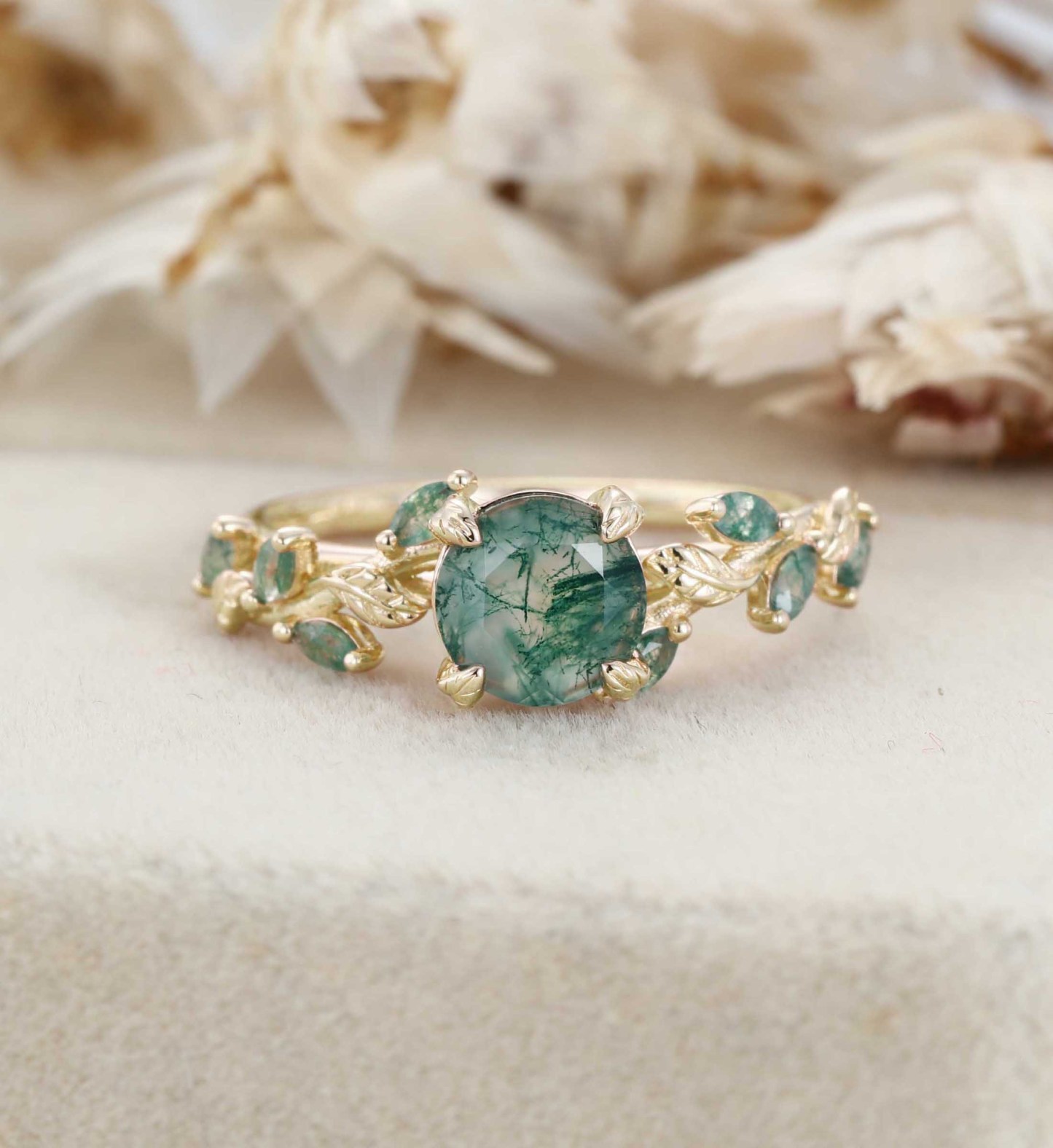 Art Deco Moss Agate Engagement Ring Round Cut Vintage leaf Vine Promise Ring Nature Inspired Solid Rose Gold Cluster Ring Anniversary Gifts