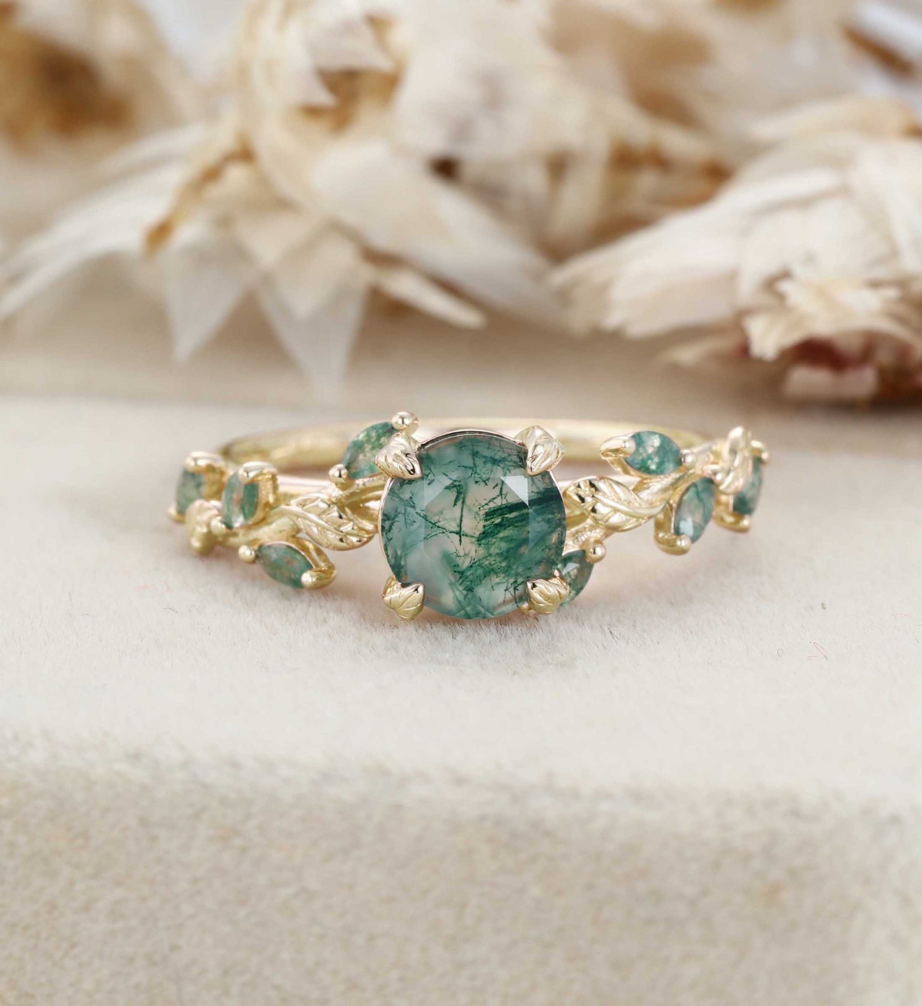 Art Deco Moss Agate Engagement Ring Round Cut Vintage leaf Vine Promise Ring Nature Inspired Solid Rose Gold Cluster Ring Anniversary Gifts