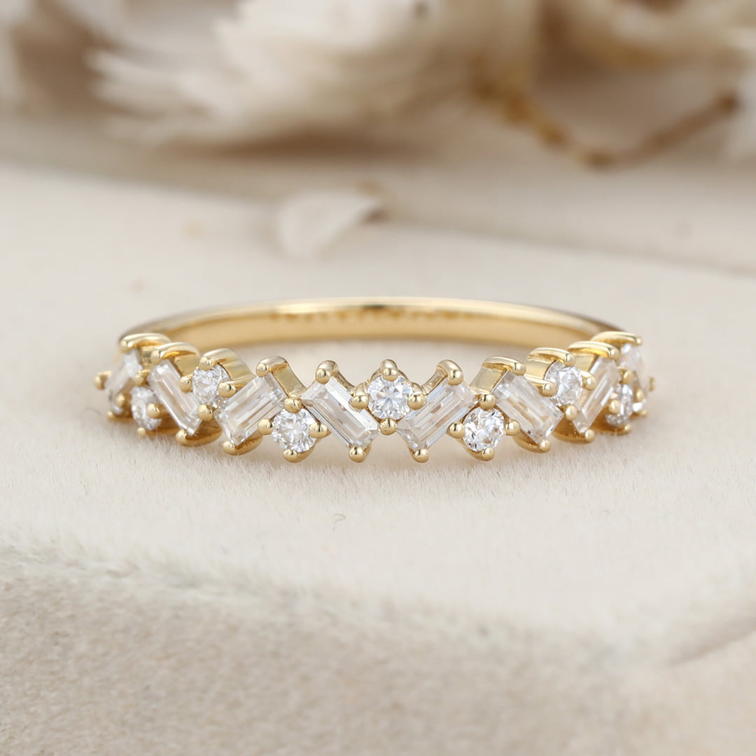 Baguette Moissanite wedding band unique Yellow gold wedding band delicate Bridal Stacking ring Bridal Anniversary ring promise gift for her