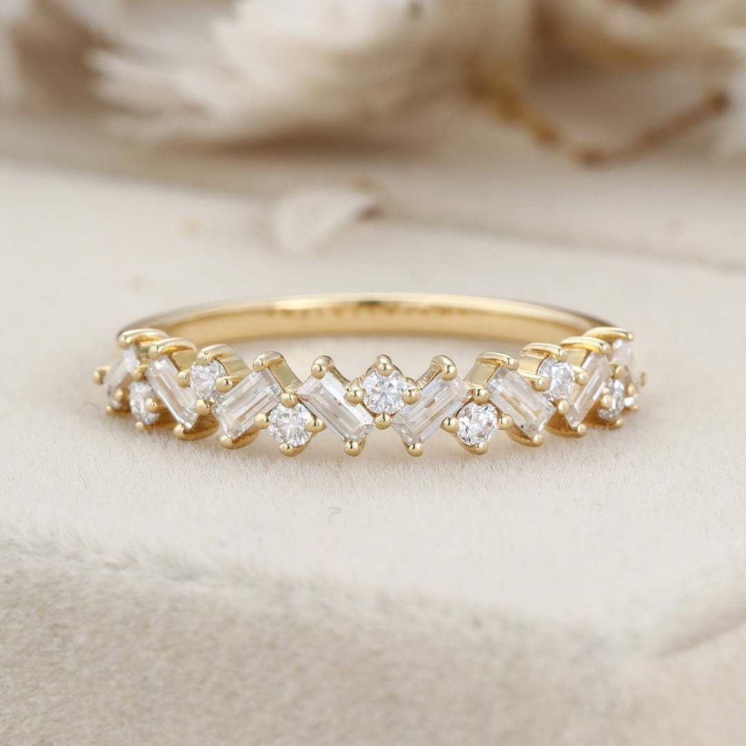 Baguette Moissanite wedding band unique Yellow gold wedding band delicate Bridal Stacking ring Bridal Anniversary ring promise gift for her