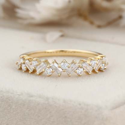 Baguette Moissanite wedding band unique Yellow gold wedding band delicate Bridal Stacking ring Bridal Anniversary ring promise gift for her