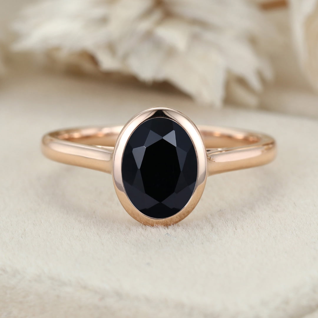 Bezel Oval cut Black Onyx Engagement Ring bezel set engagement ring 14KRosegold Bezel Set art deco Bridal Promise Anniversary gift for her