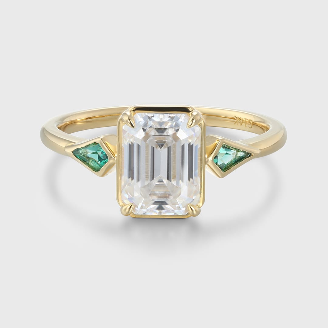 Bezel Set Emerald Cut Moissanite Engagement Ring 14K Solid Gold Lab Emerald Side Stone Ring Delicate Wedding Ring For Women