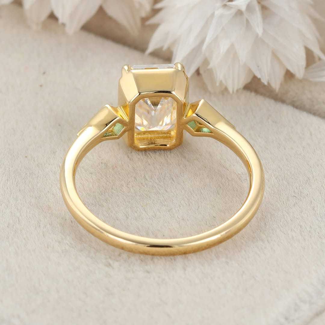 Bezel Set Emerald Cut Moissanite Engagement Ring 14K Solid Gold Lab Emerald Side Stone Ring Delicate Wedding Ring For Women