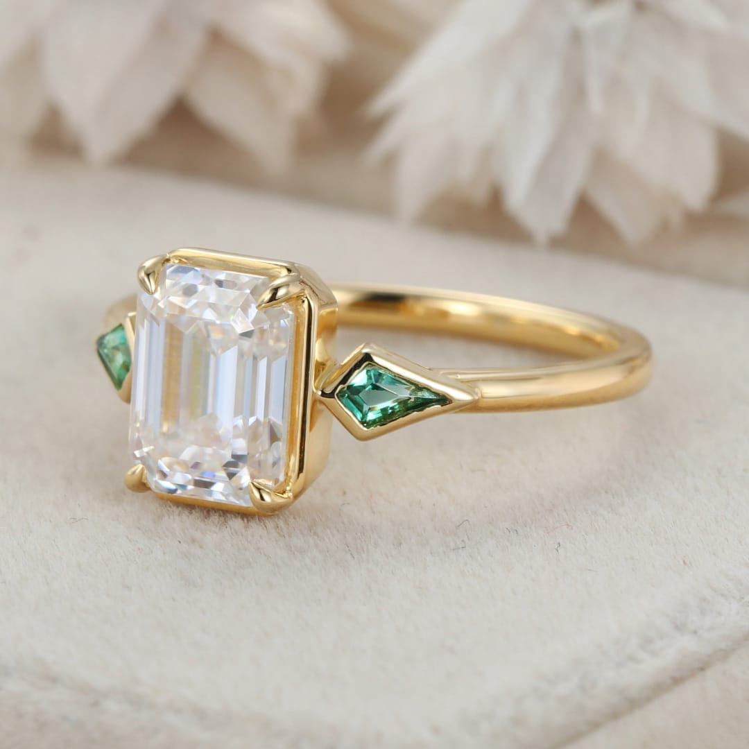 Bezel Set Emerald Cut Moissanite Engagement Ring 14K Solid Gold Lab Emerald Side Stone Ring Delicate Wedding Ring For Women