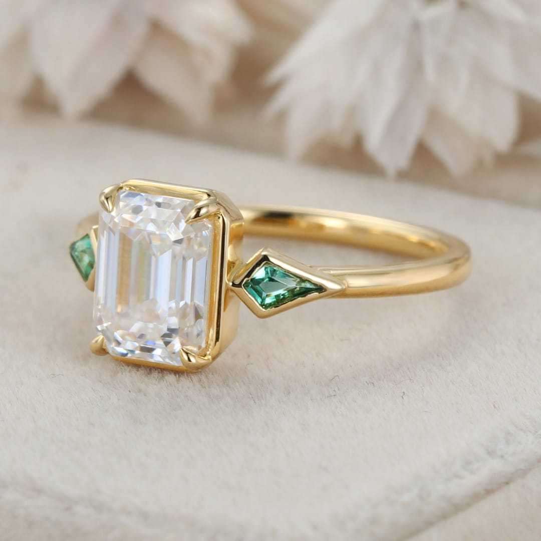Bezel Set Emerald Cut Moissanite Engagement Ring 14K Solid Gold Lab Emerald Side Stone Ring Delicate Wedding Ring For Women