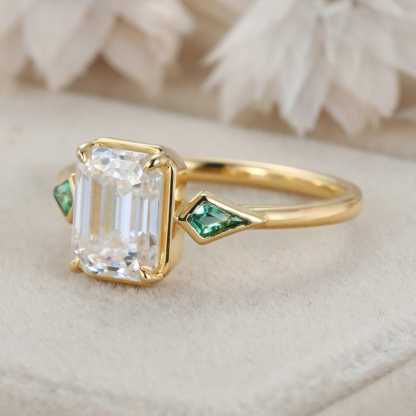 Bezel Set Emerald Cut Moissanite Engagement Ring 14K Solid Gold Lab Emerald Side Stone Ring Delicate Wedding Ring For Women