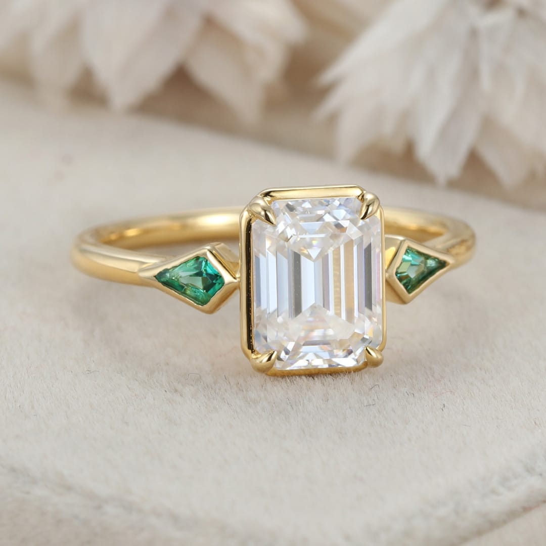 Bezel Set Emerald Cut Moissanite Engagement Ring 14K Solid Gold Lab Emerald Side Stone Ring Delicate Wedding Ring For Women