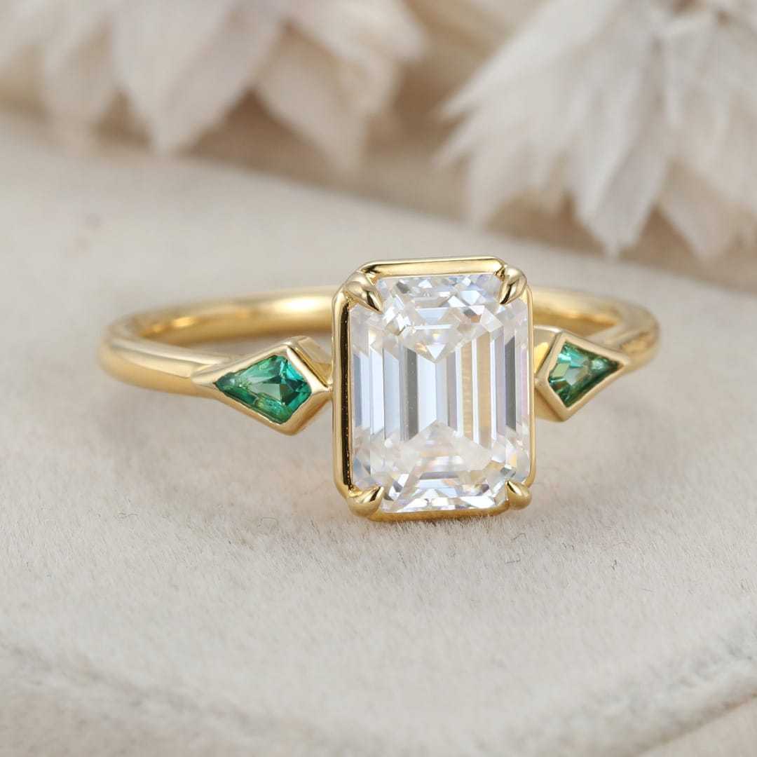 Bezel Set Emerald Cut Moissanite Engagement Ring 14K Solid Gold Lab Emerald Side Stone Ring Delicate Wedding Ring For Women