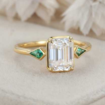 Bezel Set Emerald Cut Moissanite Engagement Ring 14K Solid Gold Lab Emerald Side Stone Ring Delicate Wedding Ring For Women