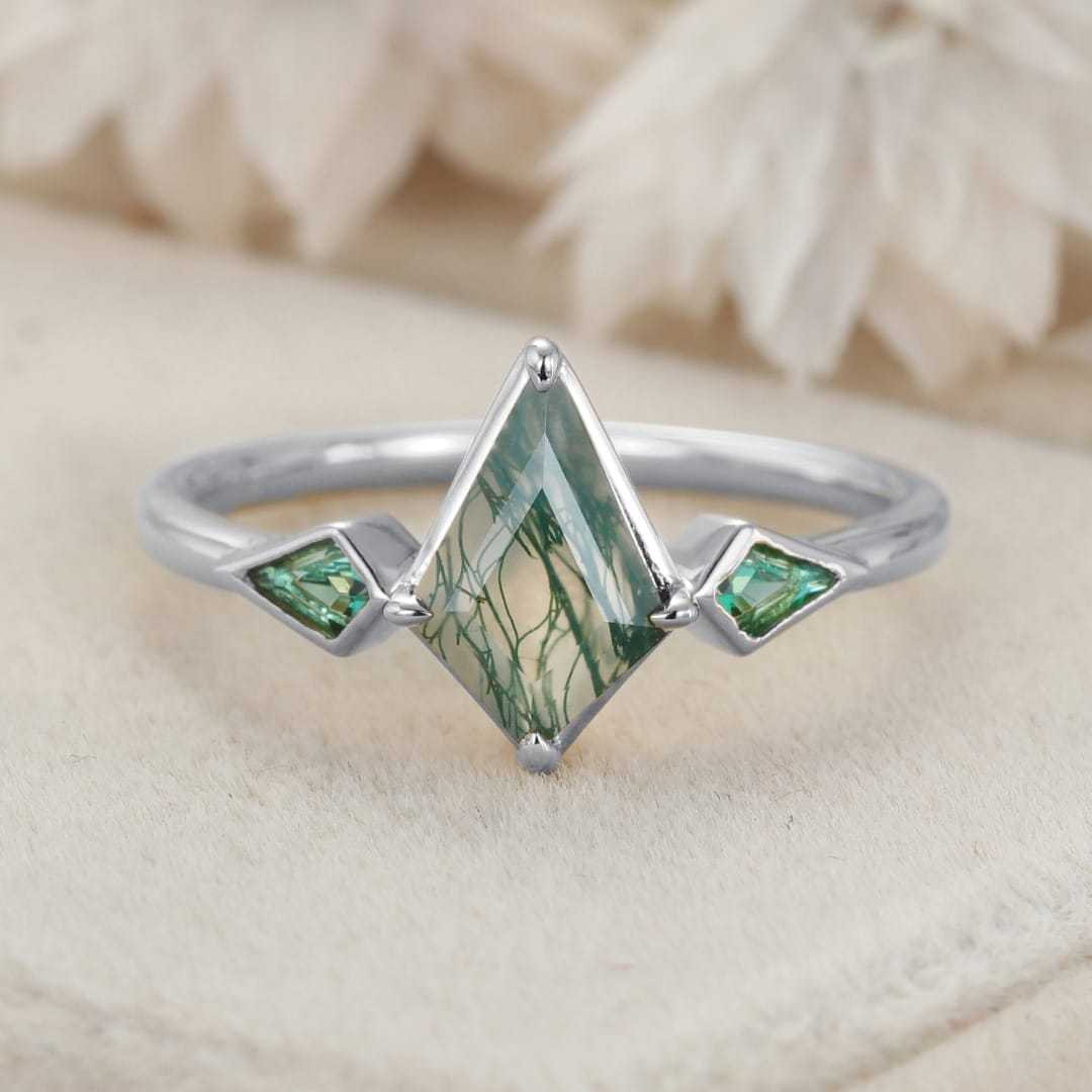 Bezel Set Engagement Ring Unique 14K Yellow Gold Kite cut Moss Agate Engagement Ring Lab Emerald Side Stone Ring Delicate Wedding Ring