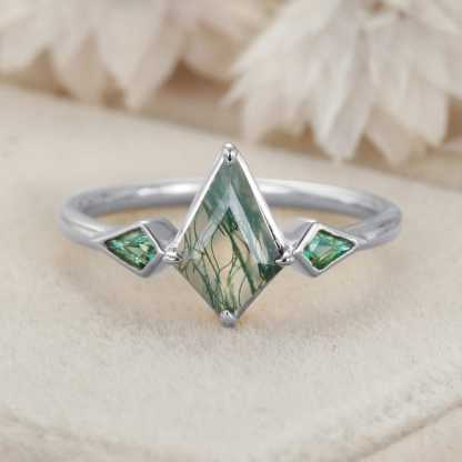 Bezel Set Engagement Ring Unique 14K Yellow Gold Kite cut Moss Agate Engagement Ring Lab Emerald Side Stone Ring Delicate Wedding Ring