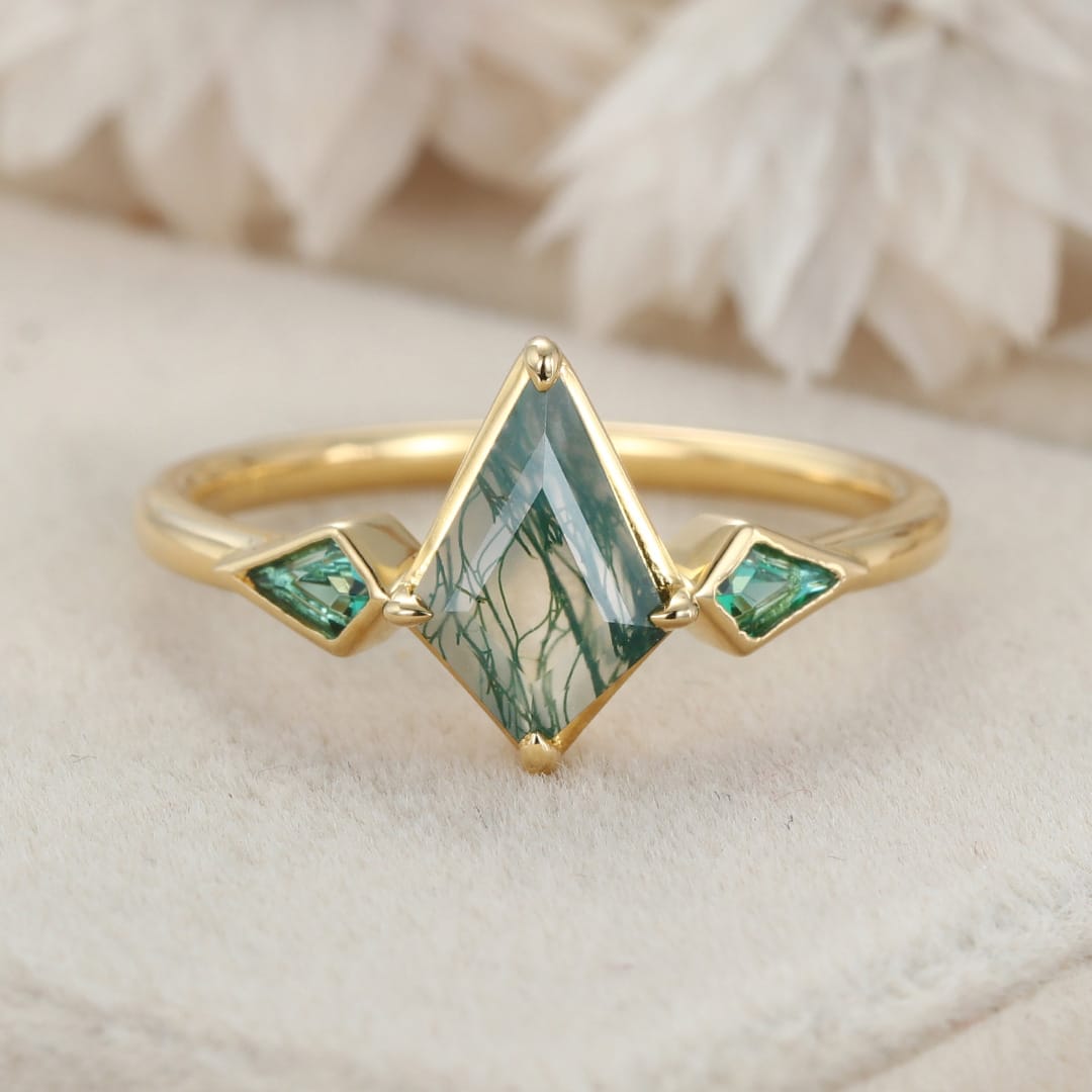Bezel Set Engagement Ring Unique 14K Yellow Gold Kite cut Moss Agate Engagement Ring Lab Emerald Side Stone Ring Delicate Wedding Ring