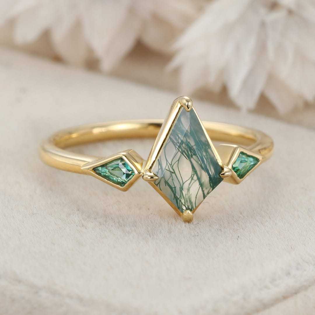 Bezel Set Engagement Ring Unique 14K Yellow Gold Kite cut Moss Agate Engagement Ring Lab Emerald Side Stone Ring Delicate Wedding Ring