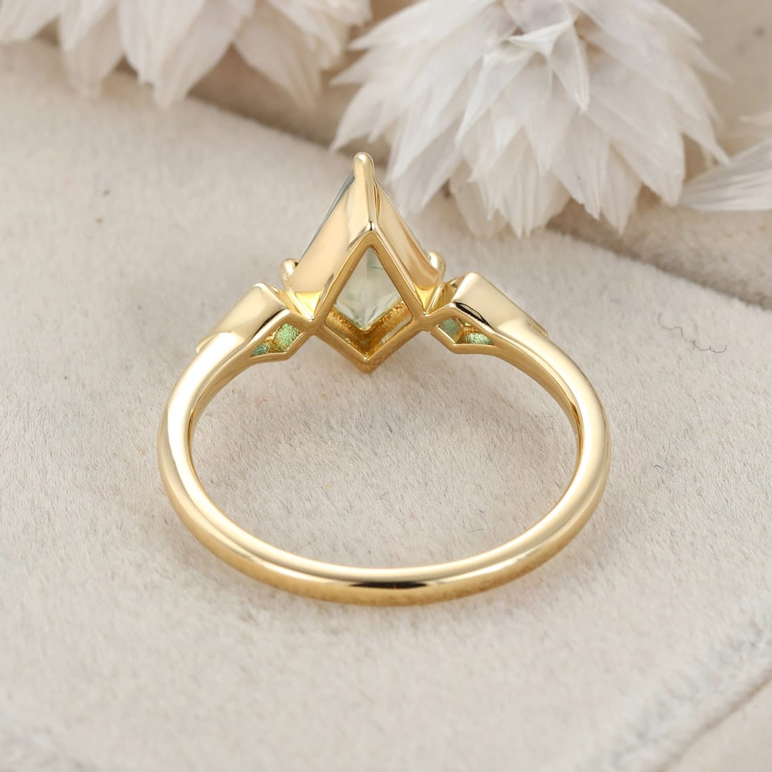 Bezel Set Engagement Ring Unique 14K Yellow Gold Kite cut Moss Agate Engagement Ring Lab Emerald Side Stone Ring Delicate Wedding Ring