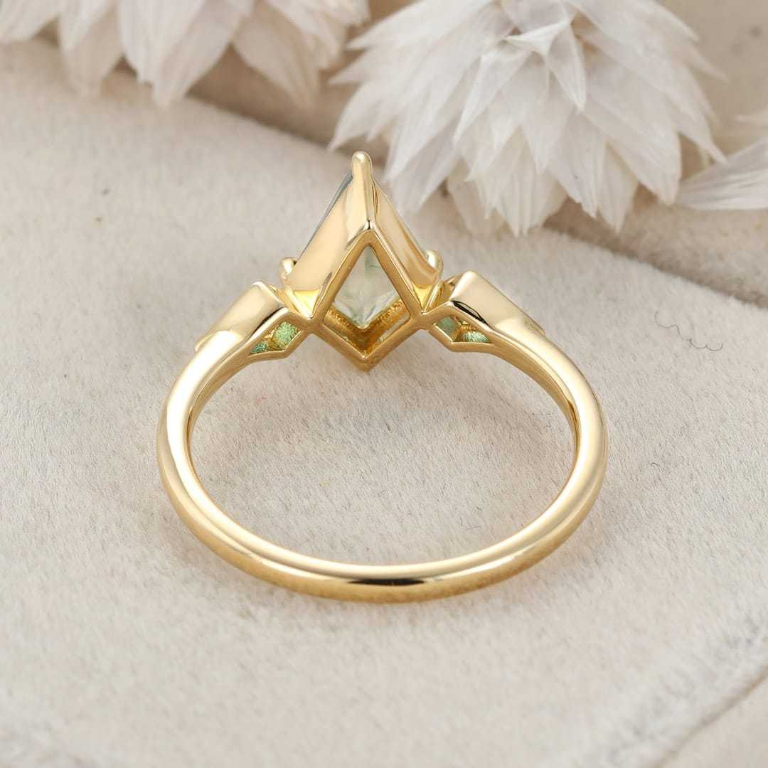 Bezel Set Engagement Ring Unique 14K Yellow Gold Kite cut Moss Agate Engagement Ring Lab Emerald Side Stone Ring Delicate Wedding Ring