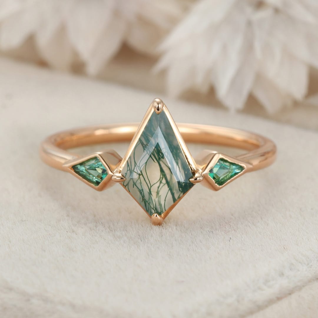 Bezel Set Engagement Ring Unique 14K Yellow Gold Kite cut Moss Agate Engagement Ring Lab Emerald Side Stone Ring Delicate Wedding Ring
