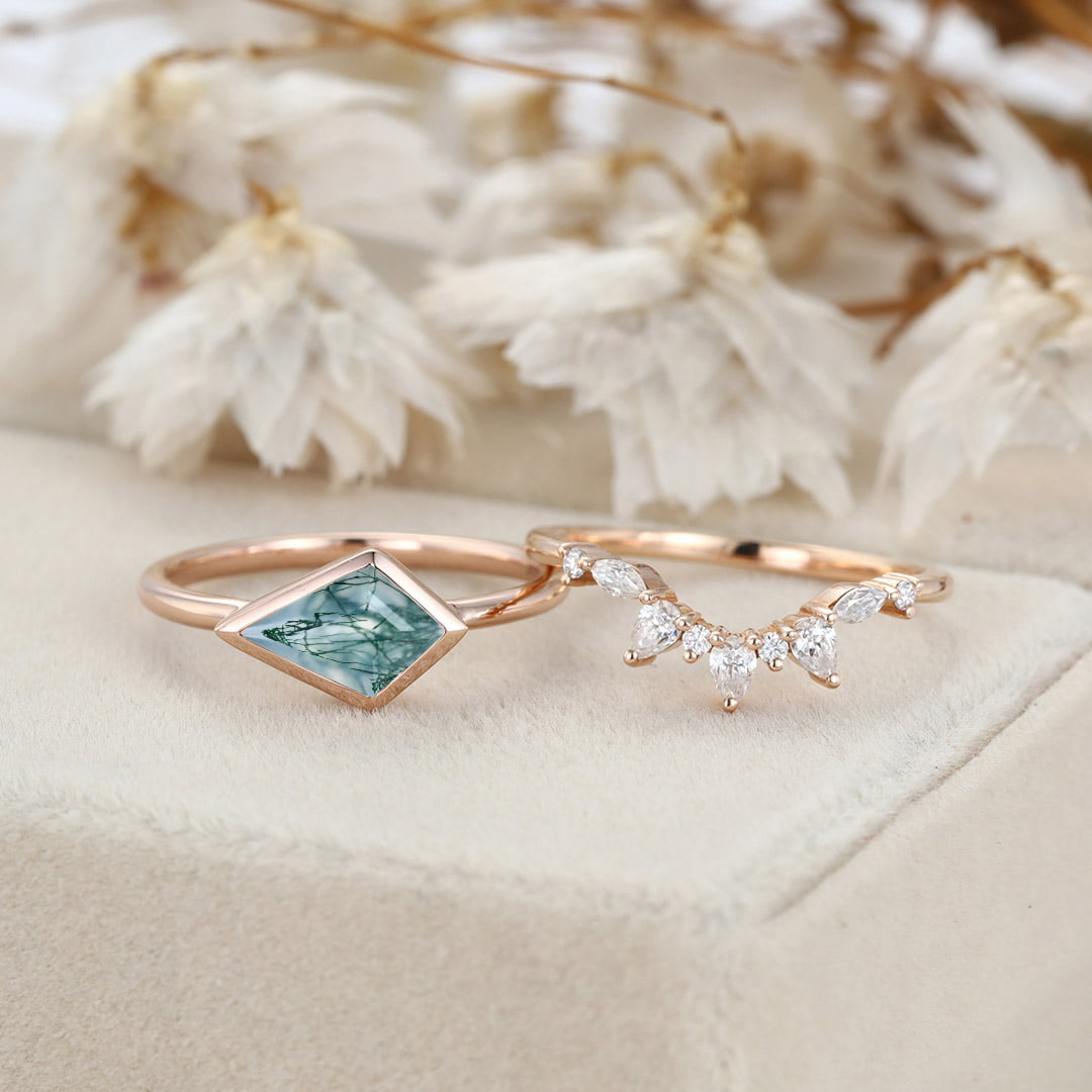 Bezel Set Kite Cut Natural Moss Agate Ring Solitaire Ring East West Bezel Engagement Ring Set Rose Gold Stacking Pear Diamond Wedding Ring Gift