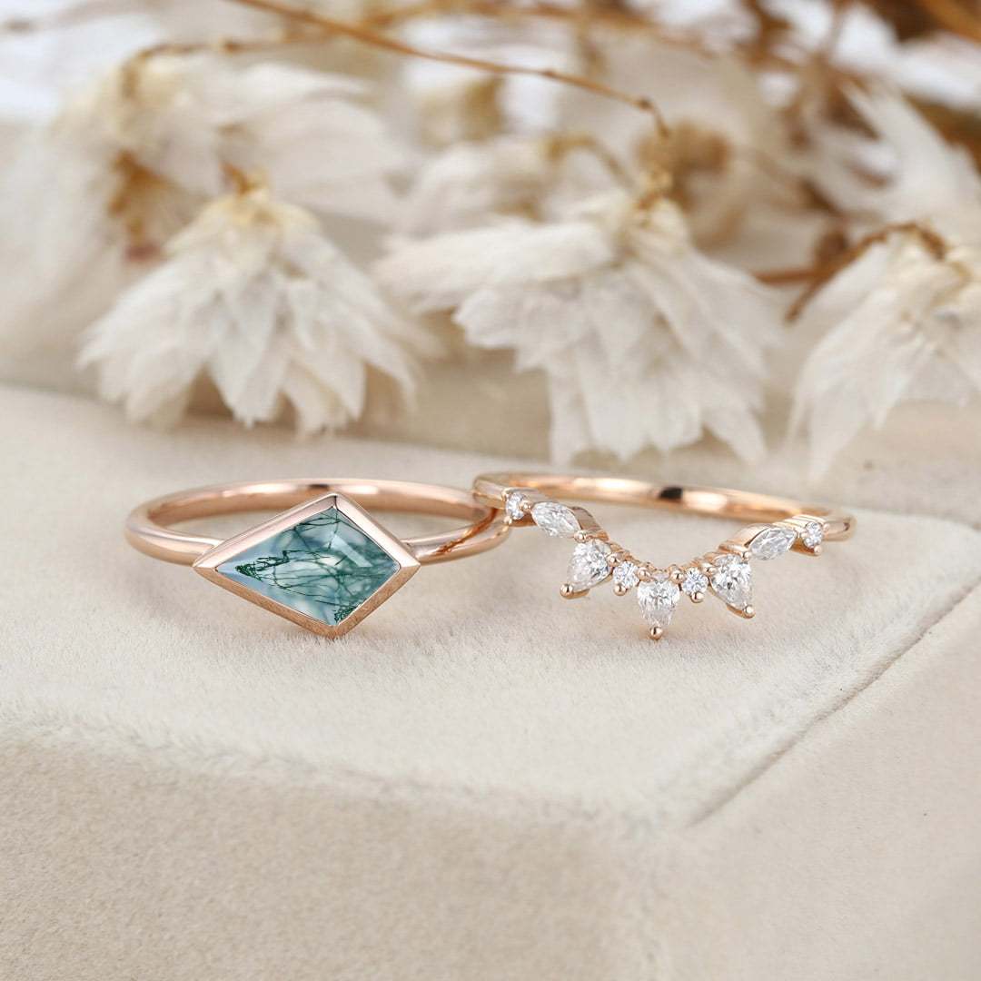 Bezel Set Kite Cut Natural Moss Agate Ring Solitaire Ring East West Bezel Engagement Ring Set Rose Gold Stacking Pear Diamond Wedding Ring Gift