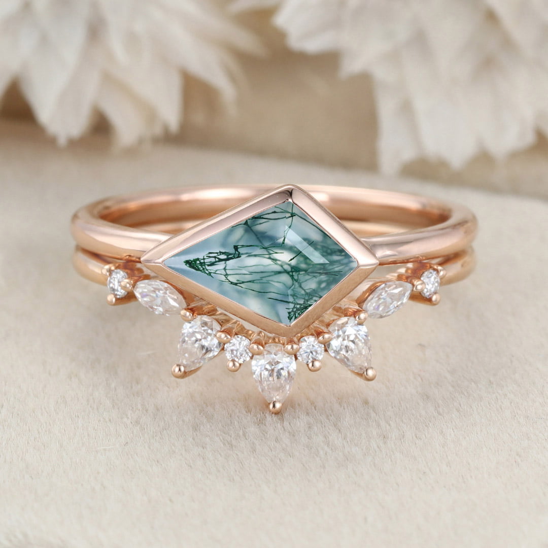 Bezel Set Kite Cut Natural Moss Agate Ring Solitaire Ring East West Bezel Engagement Ring Set Rose Gold Stacking Pear Diamond Wedding Ring Gift
