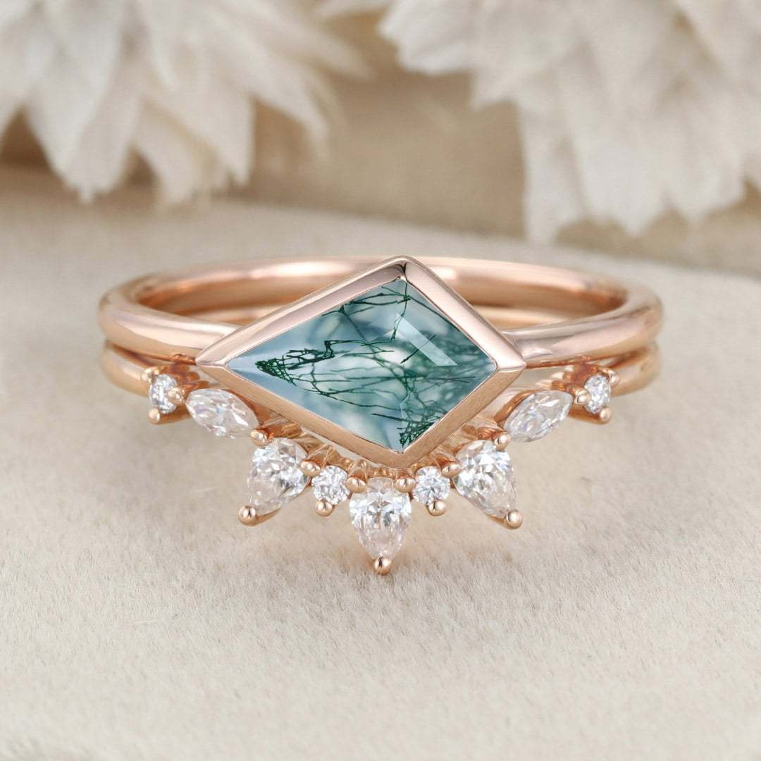 Bezel Set Kite Cut Natural Moss Agate Ring Solitaire Ring East West Bezel Engagement Ring Set Rose Gold Stacking Pear Diamond Wedding Ring Gift