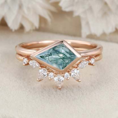 Bezel Set Kite Cut Natural Moss Agate Ring Solitaire Ring East West Bezel Engagement Ring Set Rose Gold Stacking Pear Diamond Wedding Ring Gift